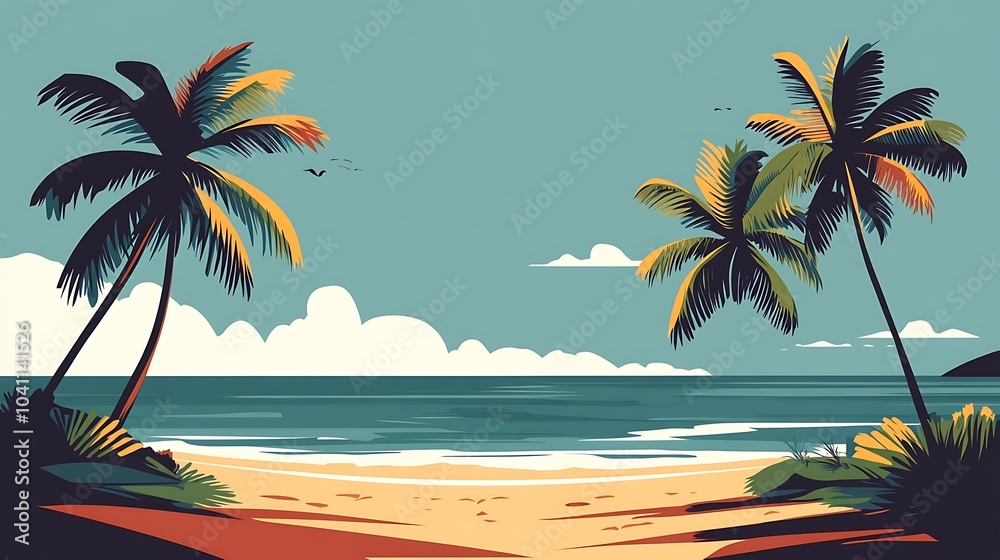 Fototapeta premium Flat-style tropical beach, calm ocean with gentle waves, tall palm trees casting shadows on the sand, clear blue sky, simple and clean lines, soft gradients of blue and yellow, vibrant summer feel,
