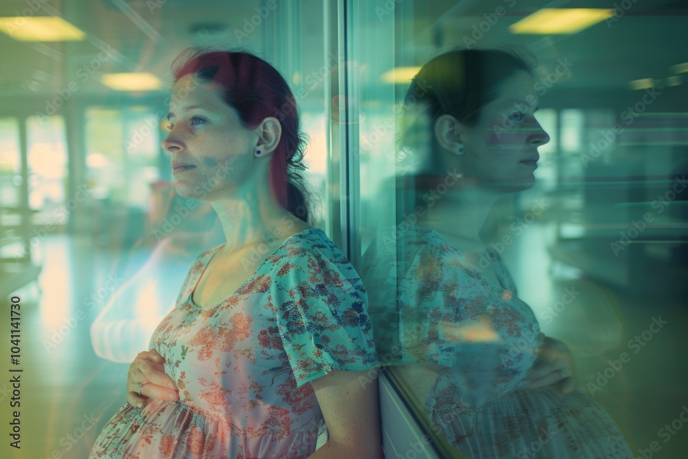 Obraz premium A woman stands in front of a glass wall with a calm expression