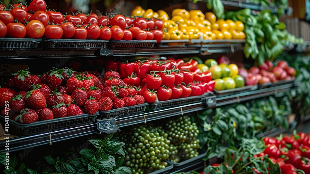 Fresh Produce Display: Colorful Fruits & Vegetables in a Grocery Store Fresh Produce Display: Colorful Fruits & Vegetables in a Grocery Store
