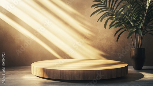 3D rendering of an empty wooden pedestal or podium mockup with sunlight rays in the background ideal for product showcase and presentation featuring a blank display stage photo