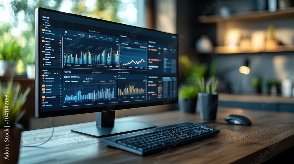 Modern workspace featuring a data analytics dashboard on a monitor. Modern workspace featuring a data analytics dashboard on a monitor.