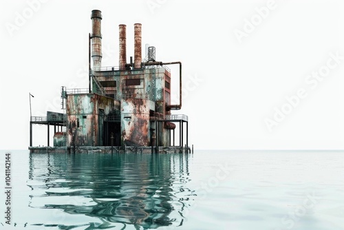 Old industrial site on a remote island or abandoned pier, with rusty equipment and overgrown vegetation photo