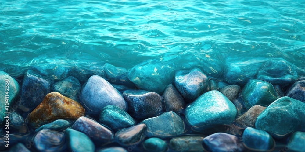 Obraz premium Wet stones on a beach with turquoise waters, Smooth stones on a shoreline with clear blue water