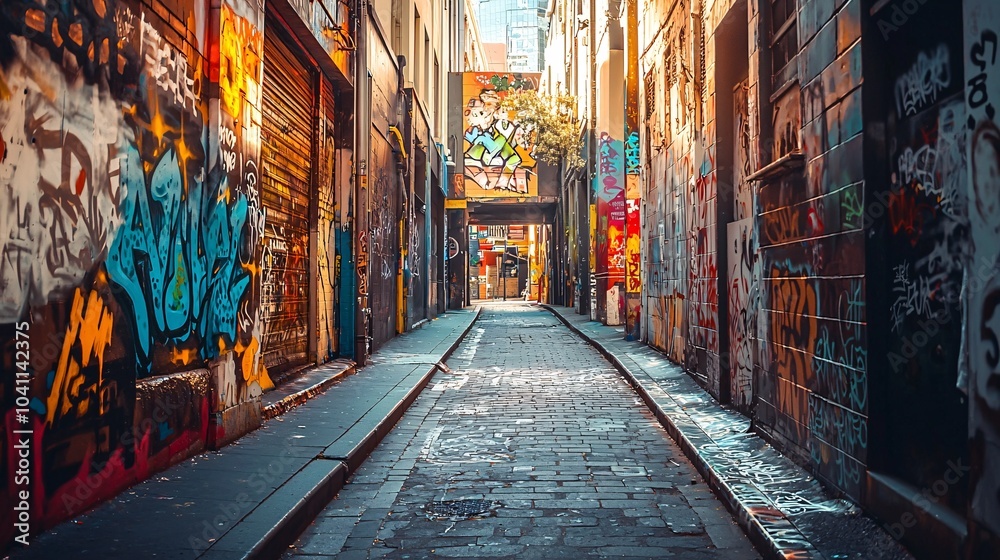 Fototapeta premium A slender city passage adorned with vibrant murals that celebrate a rich tapestry of urban artistry and cultural expression.
