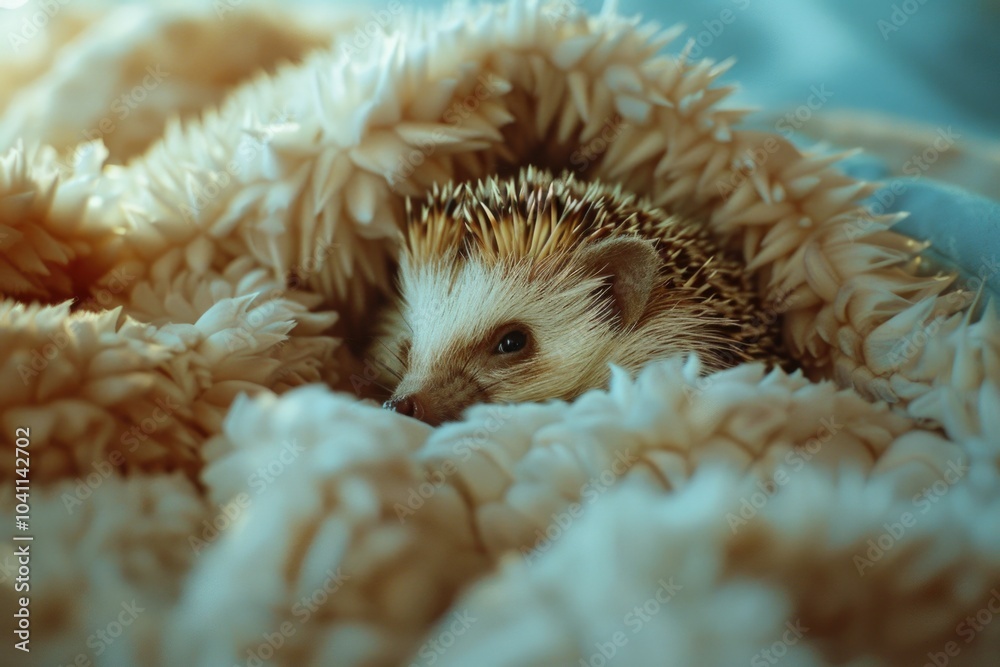 A small hedgehog wrapped up in a blanket, warm and cozy A small hedgehog wrapped up in a blanket, warm and cozy