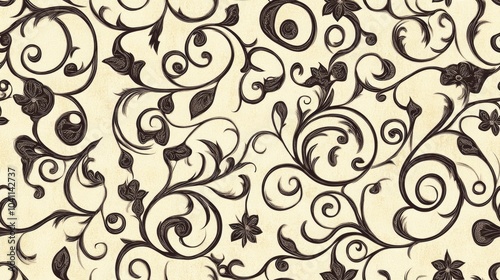 Antique seamless background featuring curved spiral designs and floral vines