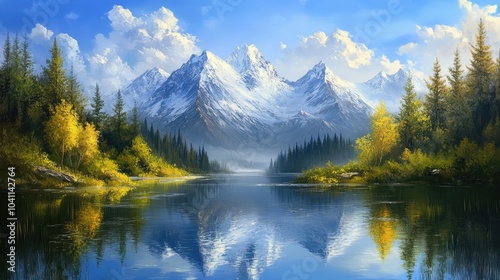 Oil painting depicting snow capped mountains and lush green forests reflected in a serene lake showcasing a picturesque natural landscape