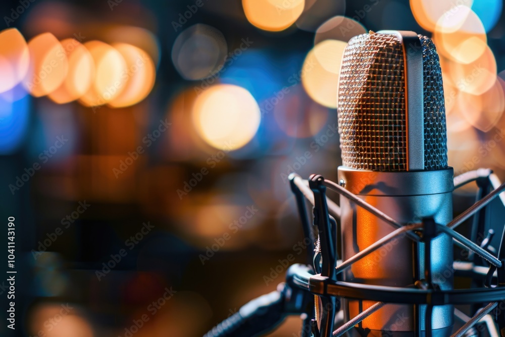 A close-up shot of a microphone surrounded by colorful stage lights, ready for a performance A close-up shot of a microphone surrounded by colorful stage lights, ready for a performance
