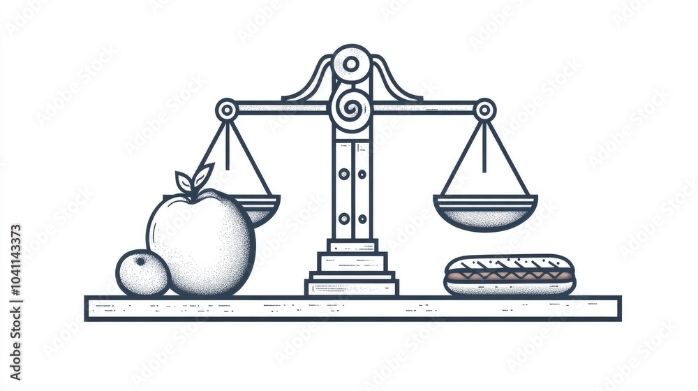 Continuous line art depicting mechanical scales alongside an apple and hot dog