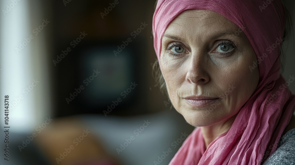 A older woman with cancer, wearing a pink scarf, looks directly into the camera Breast Cancer support A older woman with cancer, wearing a pink scarf, looks directly into the camera Breast Cancer support