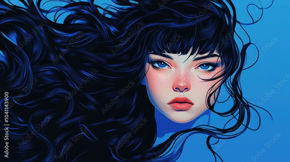 Mystical witch girl with flowing black hair against a blue backdrop Illustration in the fantasy genre Mystical witch girl with flowing black hair against a blue backdrop Illustration in the fantasy genre