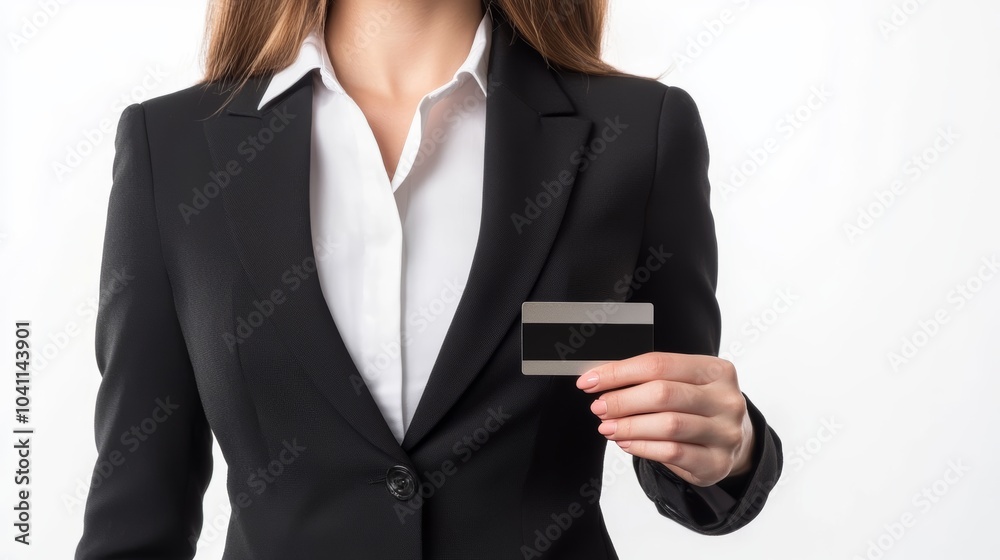 Confident businesswoman holds credit card, secure online payments and financial transactions Confident businesswoman holds credit card, secure online payments and financial transactions