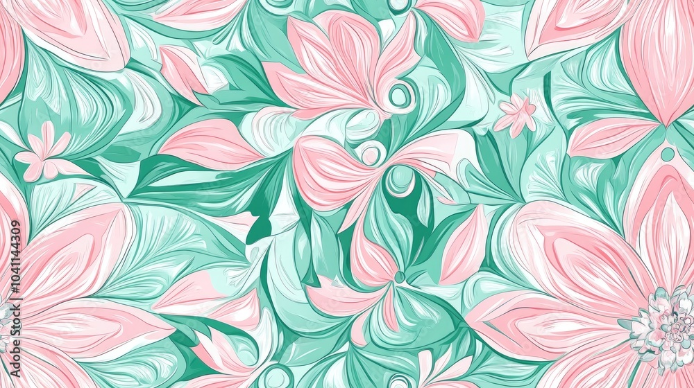 Hand drawn illustration featuring an elegant pink and green seamless pattern with mandala elements Hand drawn illustration featuring an elegant pink and green seamless pattern with mandala elements