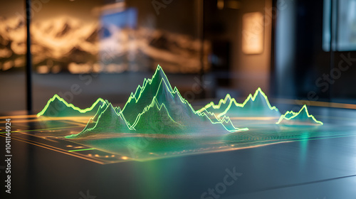 A captivating display combines glowing green laser outlines of mountain peaks with a sound wave model, generating an energetic visual experience perfect for digital art creations