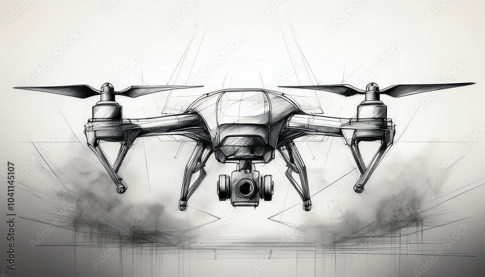 A sleek, artistic illustration of a drone with a camera, showcasing its features against a minimalist background. A sleek, artistic illustration of a drone with a camera, showcasing its features against a minimalist background.