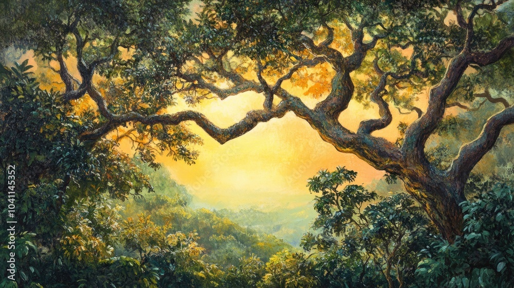 Fototapeta premium Oil painting depicting a lush landscape featuring a mystical forest sunlight filtering through large trees leafy branches and a vibrant sky showcasing a serene natural environment