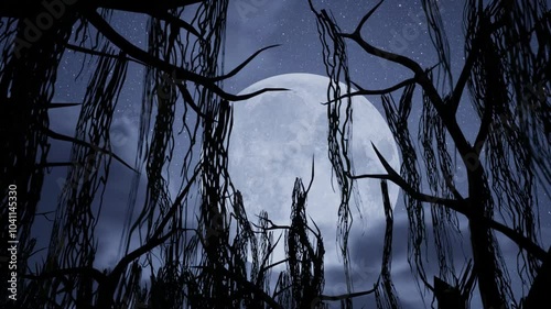 Spooky large brignt full moon with bright stars, volumetric clouds passing by, and eerie tree tops 3D animation camera dolly up revealing the moon. photo