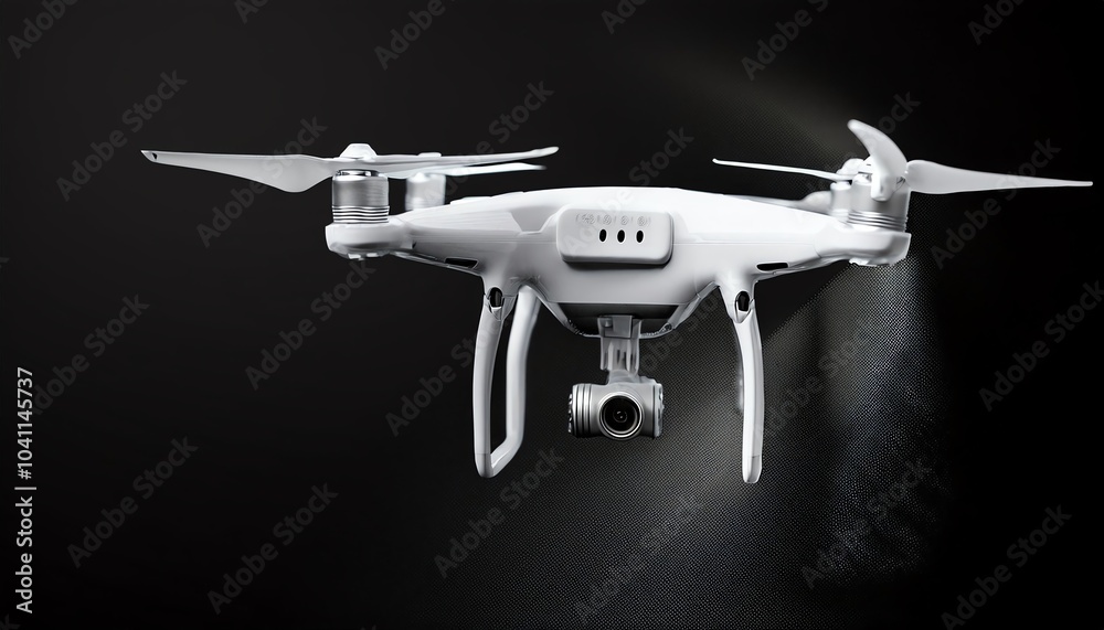 A sleek white drone hovers against a dark background, equipped for aerial photography and surveillance, with a mist or spray effect around it.