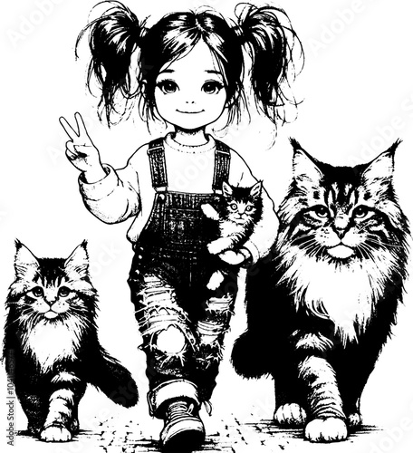 black and white hand drawn image of girl and pets, pet adoption concept for different types of design