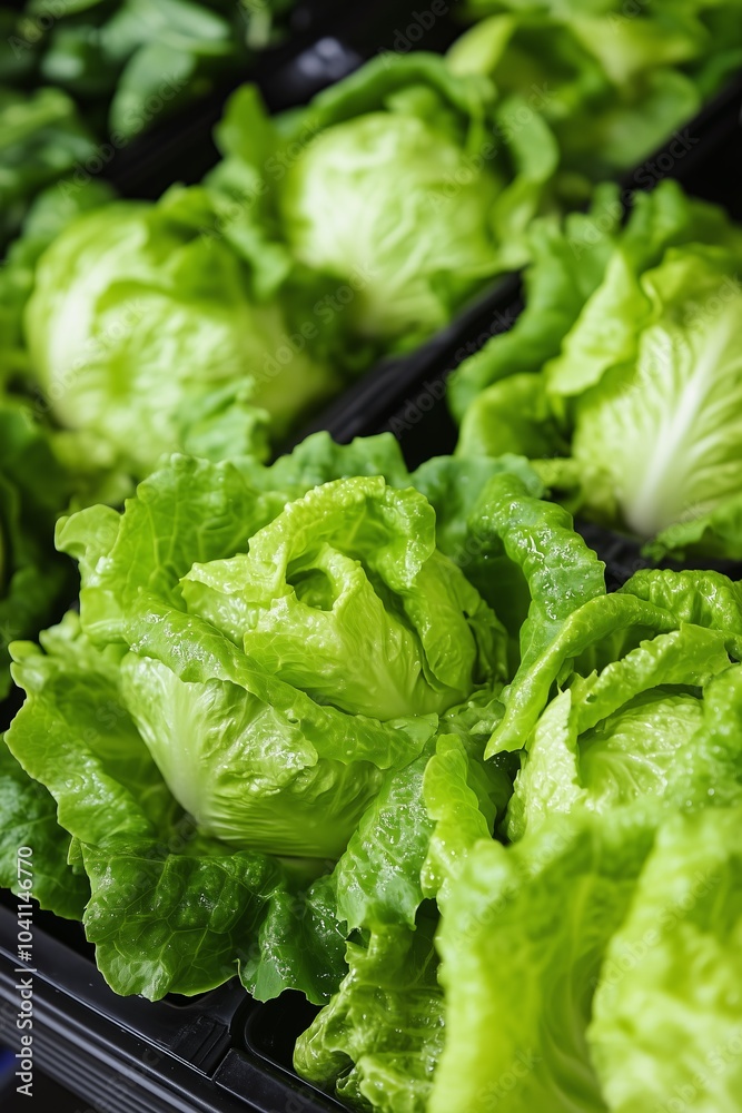 Crisp, fresh lettuce displayed in a grocery store, highlighting vibrant green leaves for healthy eating and cooking. Crisp, fresh lettuce displayed in a grocery store, highlighting vibrant green leaves for healthy eating and cooking.