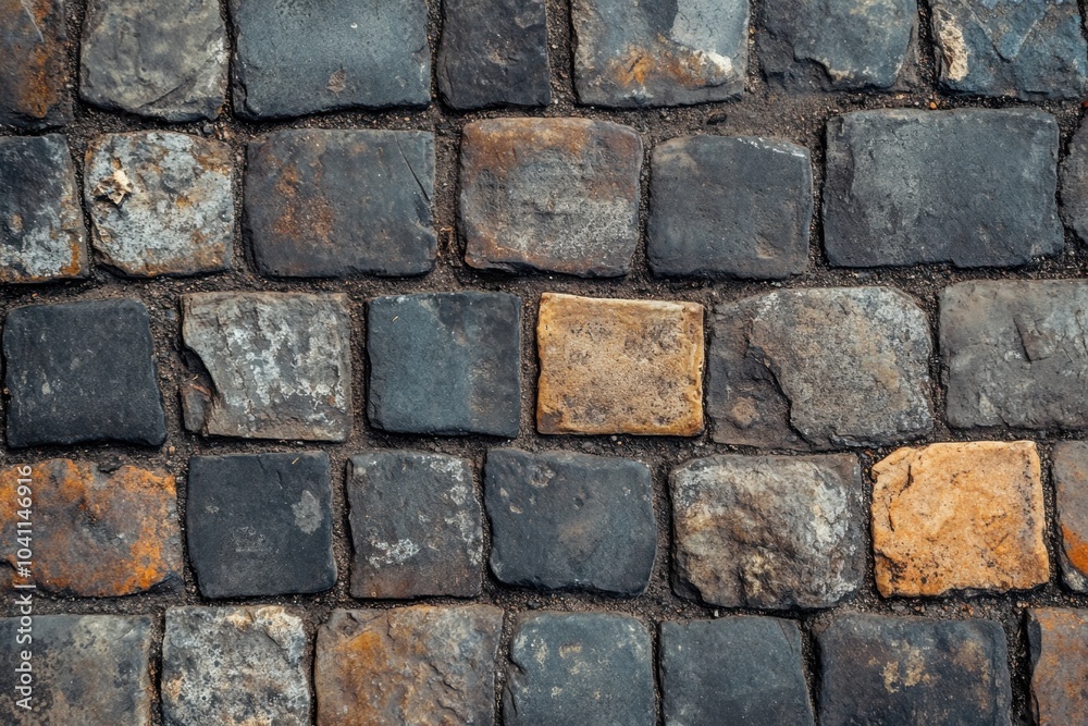 Old brick road with uneven surfaces and worn patches, evoking a sense of history and timeless charm, perfect for depicting cobblestone streets and traditional pathways Old brick road with uneven surfaces and worn patches, evoking a sense of history and timeless charm, perfect for depicting cobblestone streets and traditional pathways