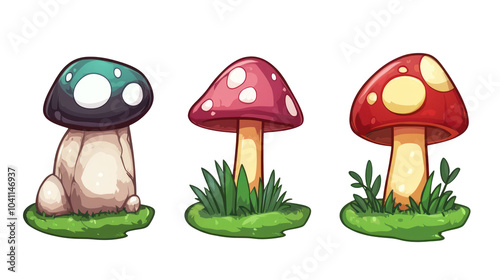 Mushrooms in grass, set of game assets, 2D cartoon style