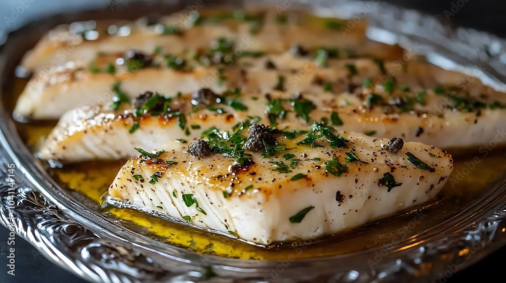 Swordfish slices on silver platter Perfectly sliced swordfish laid out on an ornate silver platter, drizzled with olive oil and garnished with capers and black truffles. Swordfish slices on silver platter Perfectly sliced swordfish laid out on an ornate silver platter, drizzled with olive oil and garnished with capers and black truffles.