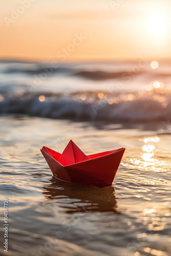 Red boat is floating in the ocean