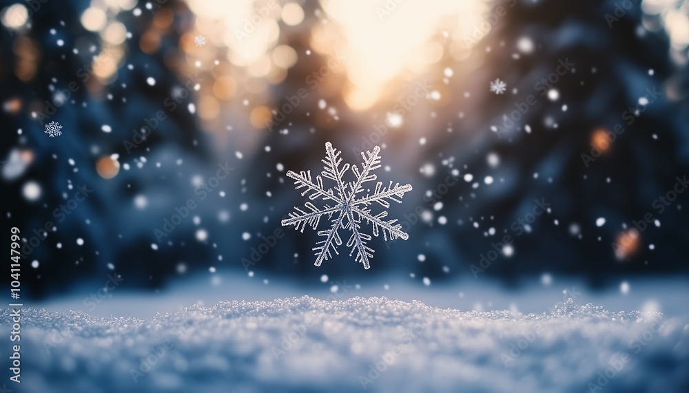 Naklejka premium A single snowflake descends softly against a blurred forest backdrop, capturing the serene essence of a winter evening.