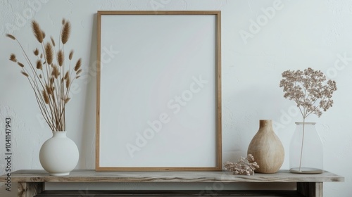 Wooden poster frame mockup and vase with fresh flowers in home interior. Minimal, Scandinavian style. Still life.