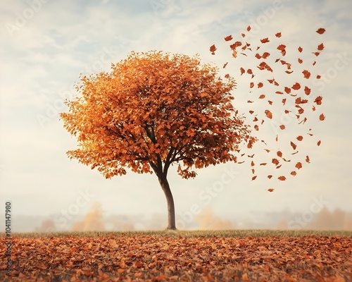 Autumn Tree Shedding Leaves Representing Cycle of Life and Death photo