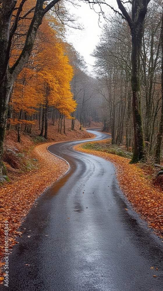 Autumn Road Through The Forest, A Realistic Photo Autumn Road Through The Forest, A Realistic Photo