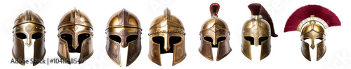 Collection of various ancient helmets isolated on white background.
