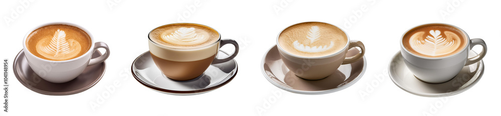 Four coffee cups with artistic latte art on white isolated background. Four coffee cups with artistic latte art on white isolated background.