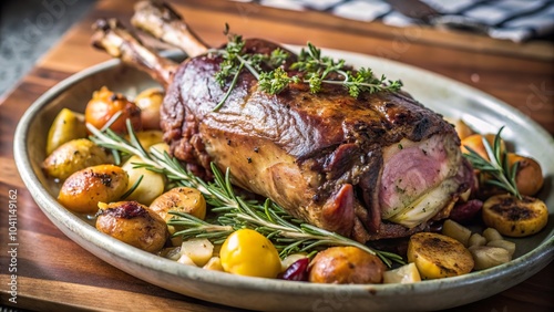 Delicious roast leg of lamb served with seasonal vegetables on a rustic wooden table during a family gathering