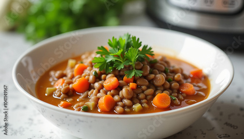 Lentil stew with carrots garnished with parsley in a white bowl