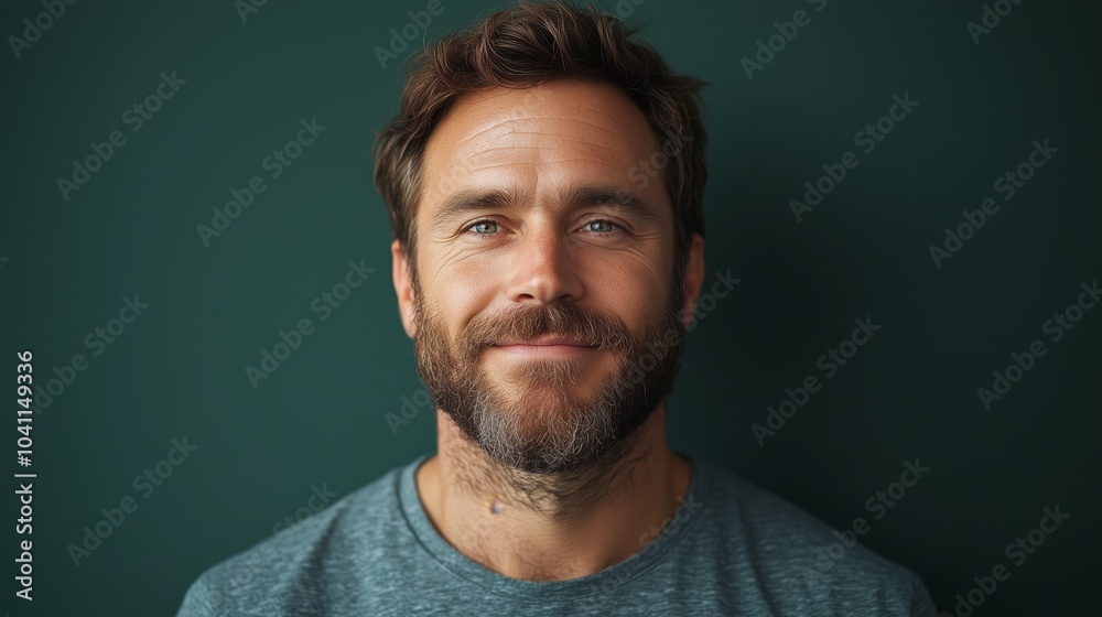 Obraz premium Smiling European Man with Beard Against Dark Background