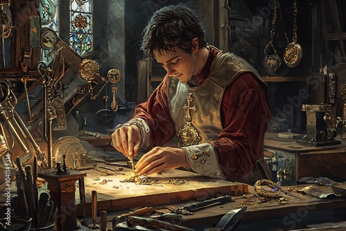 Saint Eligius, the goldsmith's patron, expertly designs exquisite jewelry amidst his elaborate tools in a bustling workshop. photo