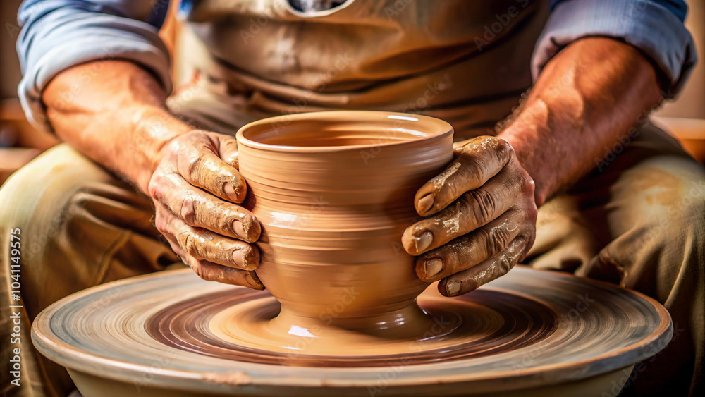 close-up of a potter’s hands shaping a clay pot on the wheel close-up of a potter’s hands shaping a clay pot on the wheel