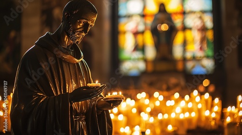 The statue of Saint Maximilian Kolbe exudes grace, embodying sacrifice and devotion amid candles and sacred symbols in a serene environment. photo