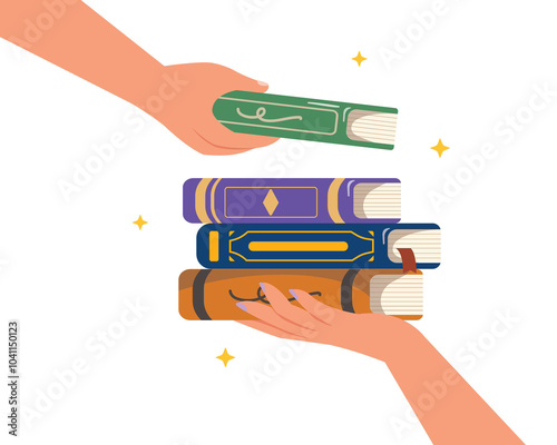 hand holding a stack of books. Sharing book for education, give knowledge to people. Second hand books.