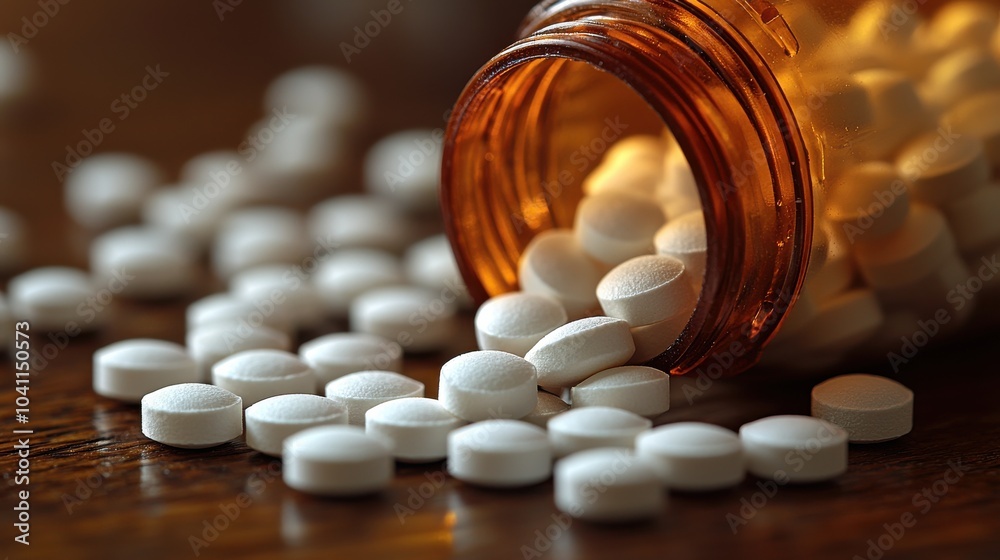 White tablets spilled from a brown prescription bottle on a wooden surface in a well-lit setting during the day White tablets spilled from a brown prescription bottle on a wooden surface in a well-lit setting during the day