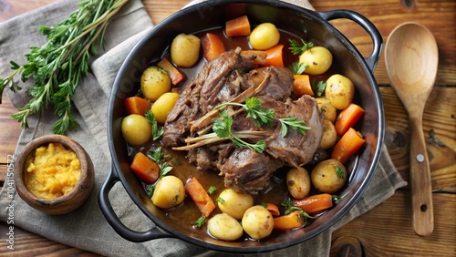 Slow cooked lamb shoulder with potatoes and carrots served in a rustic bowl on a wooden table