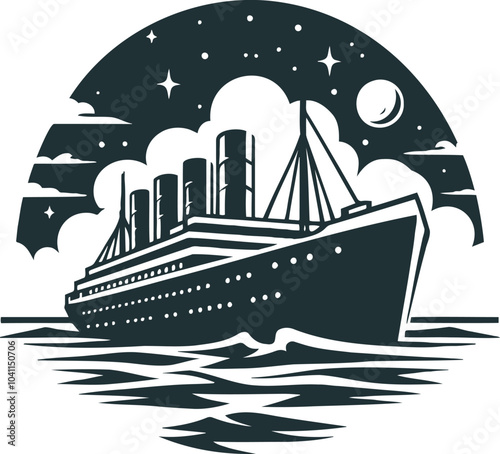 Vintage Ocean Liner Under Starry Night Sky in Retro Style