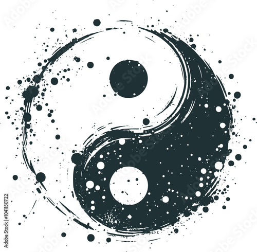 Abstract Splattered Yin Yang Symbol in Black and White Ink Art