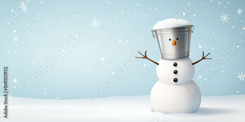 Weihnachtsschneemann mit silbernem Eimer auf dem Kopf. Schneemann im Schnee mit weißen Schneeflocken. Realistischer 3D-Cartoon-Stil. Winterweihnachtshintergrund. Postkarte Einladung Werbung