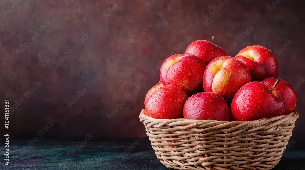 A vibrant basket filled with fresh, shiny red apples set against a dark backdrop, perfect for food-related projects. A vibrant basket filled with fresh, shiny red apples set against a dark backdrop, perfect for food-related projects.