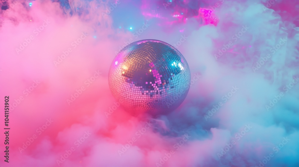 Fototapeta premium A dazzling disco ball enveloped in colorful smoke creates a vibrant, retro party atmosphere with pink and blue lighting.
