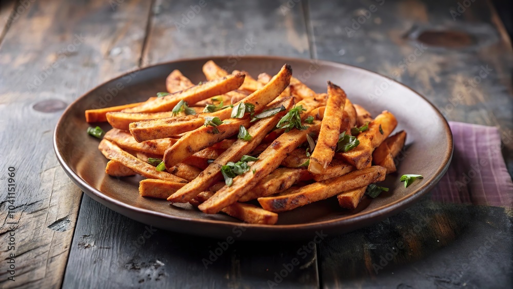 Delicious sweet potato fries garnished with fresh herbs served on a rustic wooden table at a casual dining setting Delicious sweet potato fries garnished with fresh herbs served on a rustic wooden table at a casual dining setting