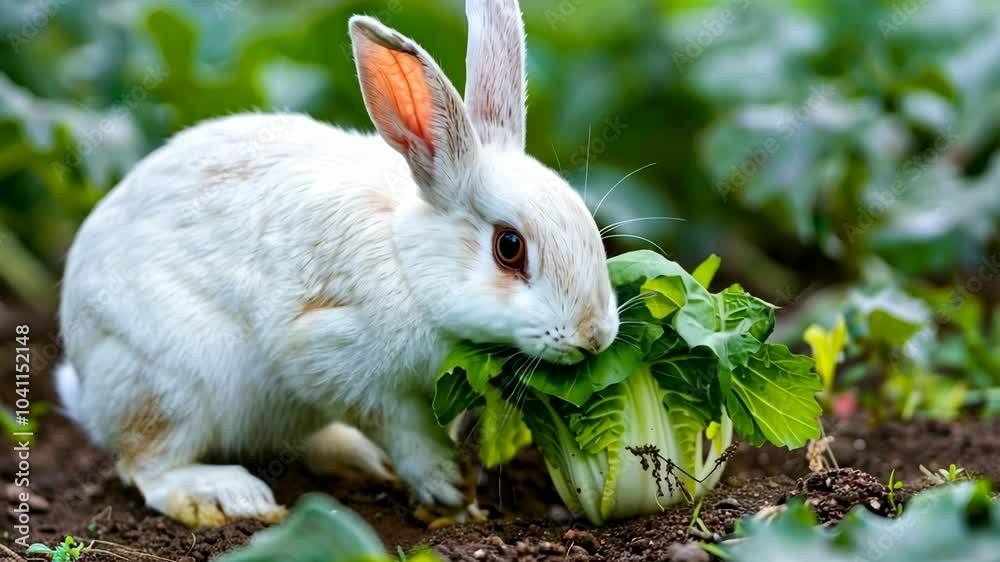 Rabbit munching on fresh lettuce in a garden Rabbit munching on fresh lettuce in a garden